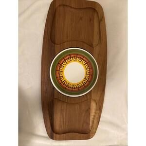1960s VNTG Teak Wooden Serving Tray Cheese Board w Ceramic Tile 17” x 8” Dolphin
